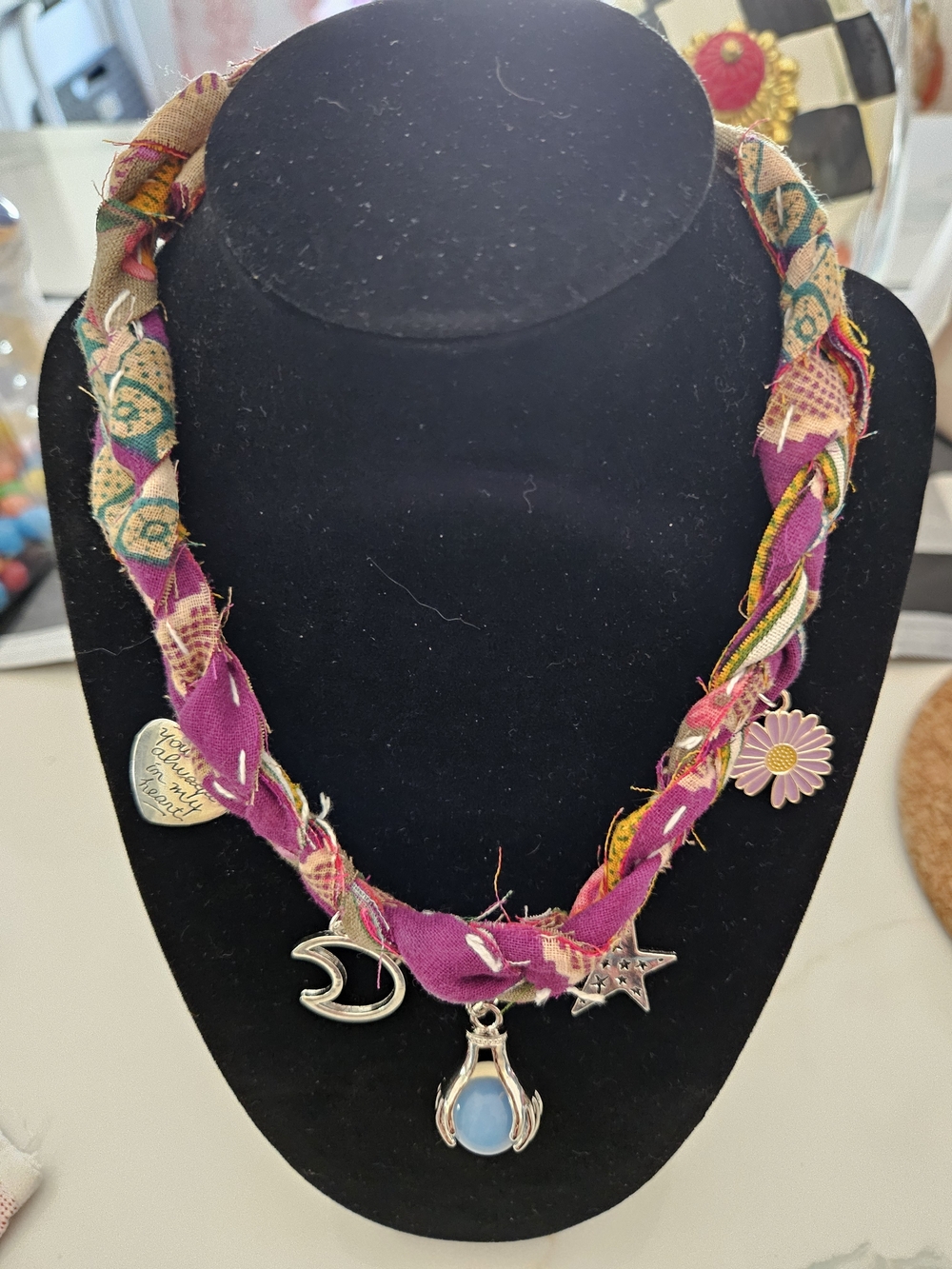 Boho Purple Braided Kantha Charm Necklace